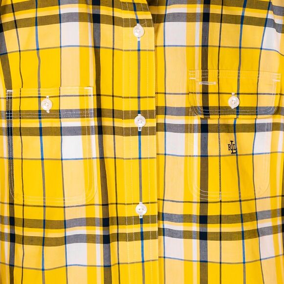 Ralph Lauren Women's Shirt Yellow Blue Plaid Check Logo Preppy Button Up Top PM - Picture 5 of 10